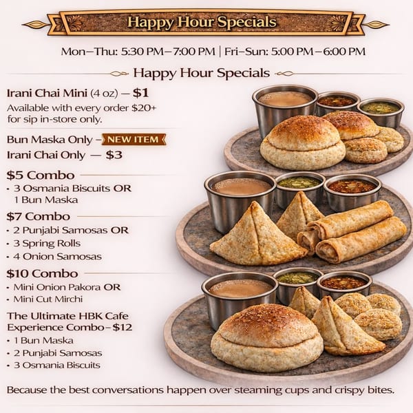 A menu for House of Biryanis and Kebabs, featuring Indian snacks and chai on round trays.