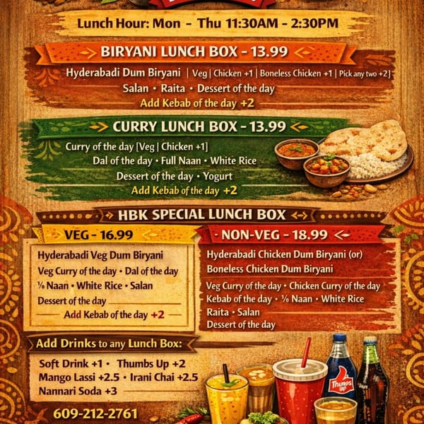 A menu for House of Biryanis and Kebabs, featuring lunch boxes, drinks, and contact information.
